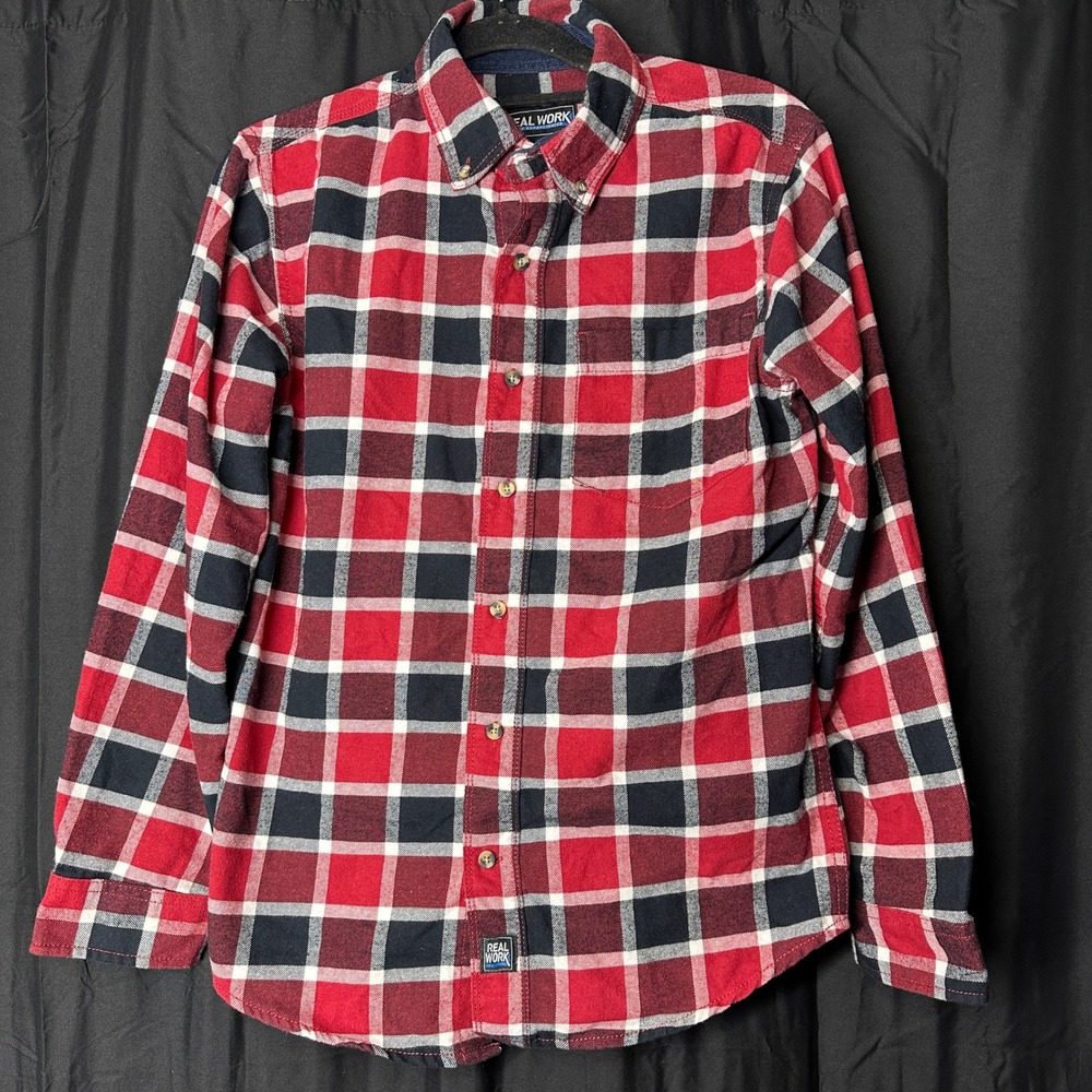 Real Work Red Black Plaid Flannel Button Down Shirt Small SR Long Sleeve